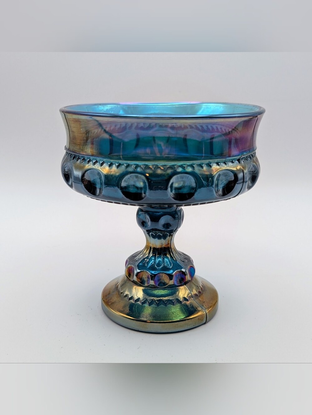 Vintage Indiana Glass Kings Crown Carnival Pedestal Compote Candy Dish Bowl Blue